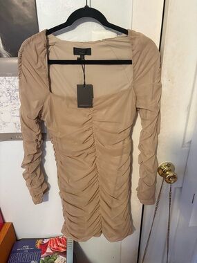 Michael Costello Nude Ruched Long Sleeve Mini Dress
